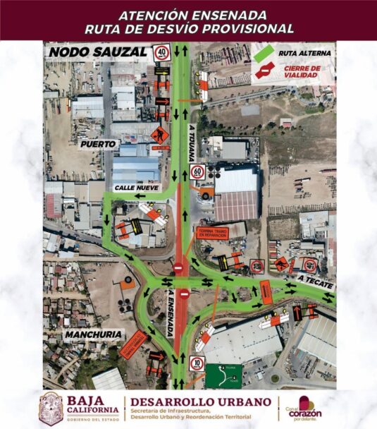 Informa SIDURT sobre ruta de desvío para jueves y viernes en Nodo El Sauzal