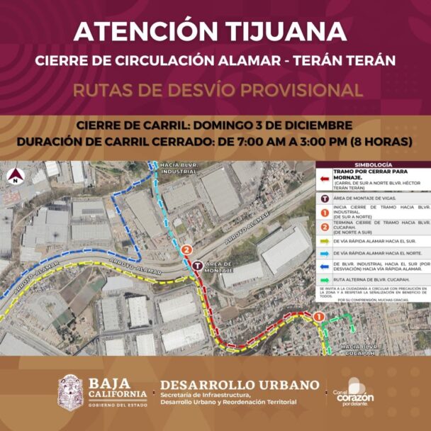 Cerrarán nodo Alamar-Terán Terán en Tijuana el próximo domingo 3 de diciembre