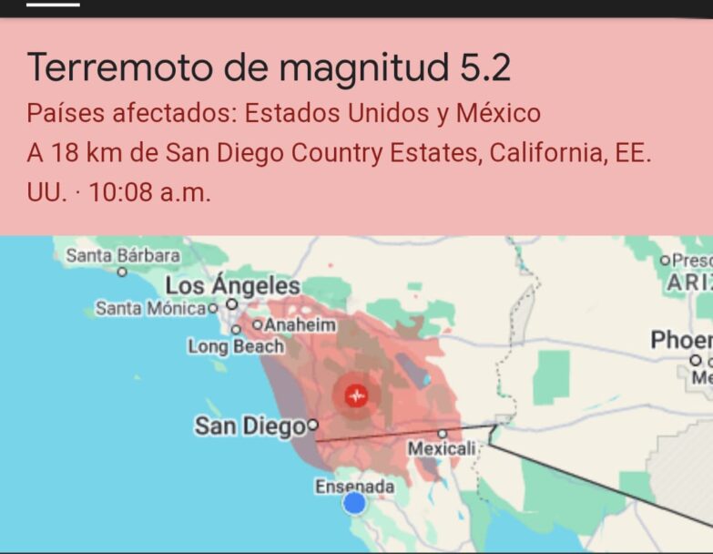 Sin daños en Ensenada por sismo de 5.2 con epicentro en Julian, CA